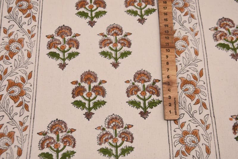 Artisan Hand Block Print Mustard Duck Canvas Fabric - Traffic Border