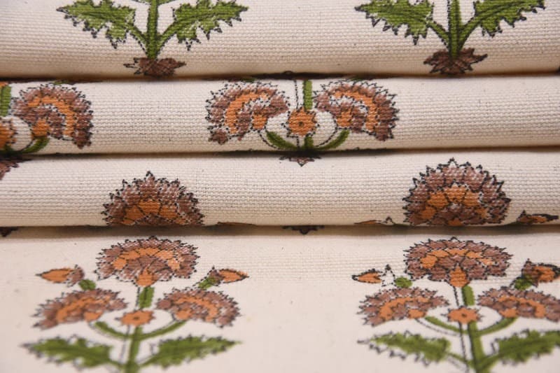 Artisan Hand Block Print Mustard Duck Canvas Fabric - Traffic Border