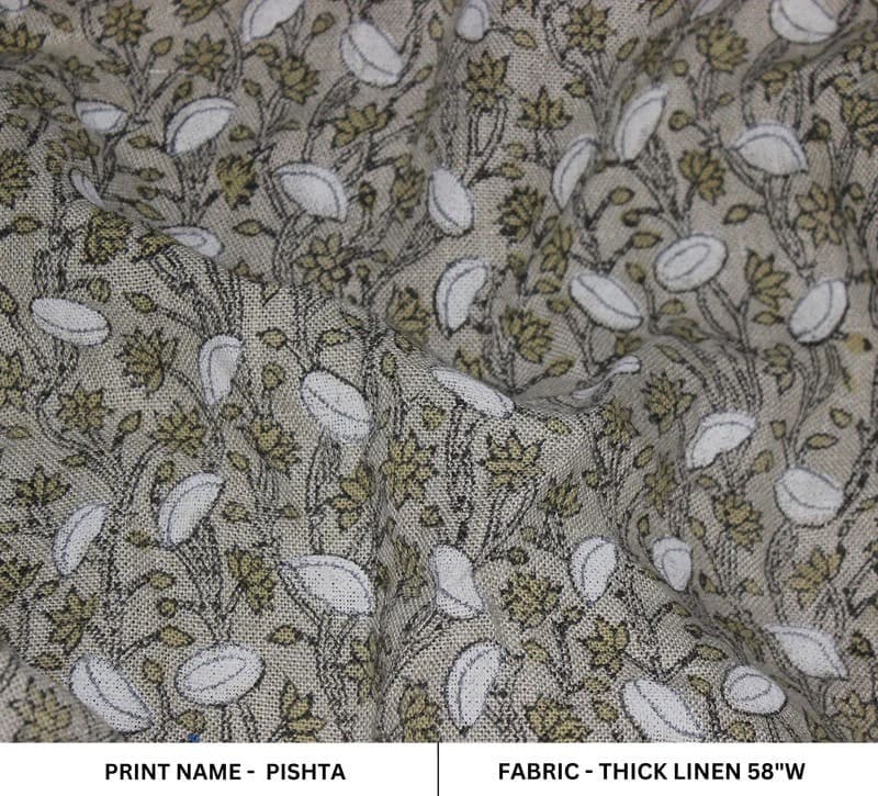 Artisan Made  Block Printed Green Floral Thick Linen Fabric- Pishta