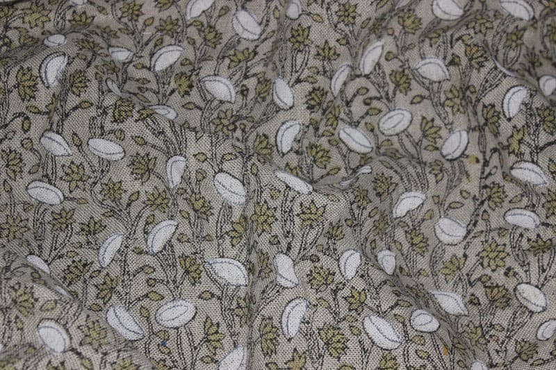 Artisan Made  Block Printed Green Floral Thick Linen Fabric- Pishta