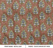 Hand Block Printed Green & Brown Duck Canvas Fabric - Betal Leaf