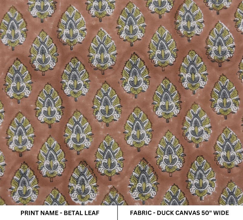 Hand Block Printed Green & Brown Duck Canvas Fabric - Betal Leaf