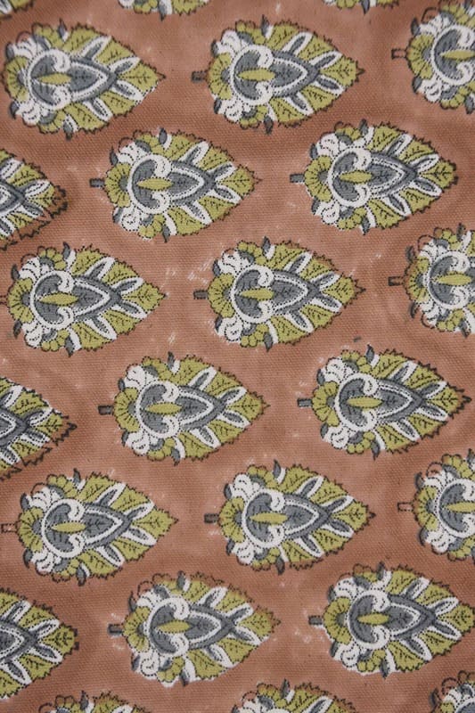 Hand Block Printed Green & Brown Duck Canvas Fabric - Betal Leaf
