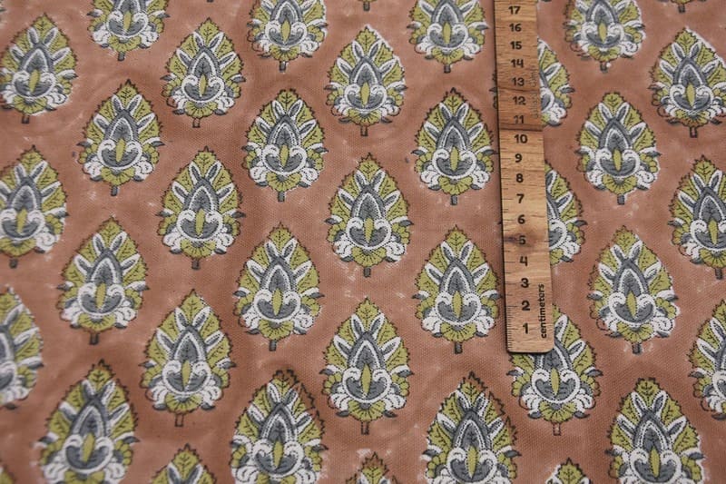 Hand Block Printed Green & Brown Duck Canvas Fabric - Betal Leaf