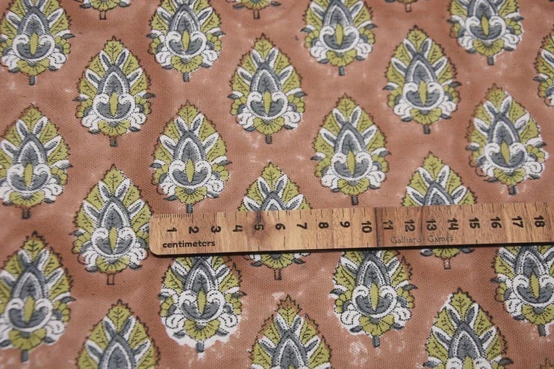 Hand Block Printed Green & Brown Duck Canvas Fabric - Betal Leaf