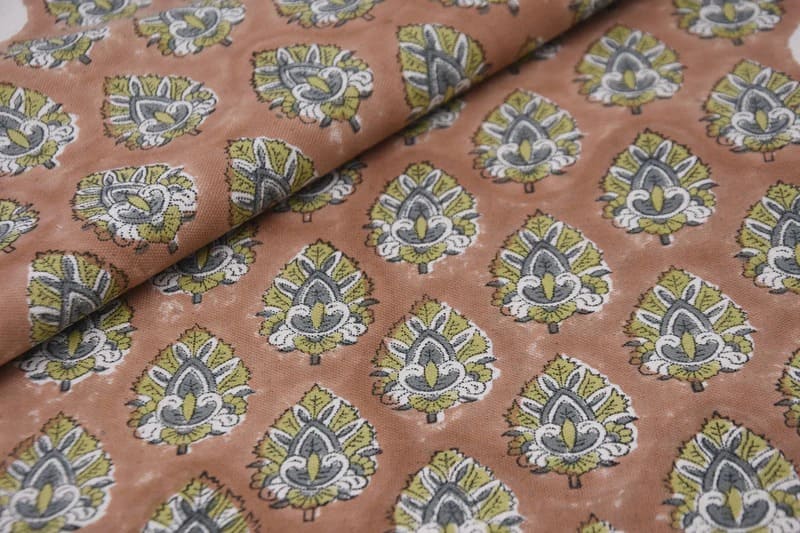 Hand Block Printed Green & Brown Duck Canvas Fabric - Betal Leaf