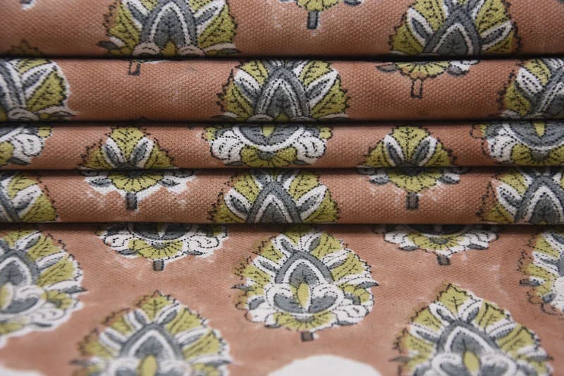 Hand Block Printed Green & Brown Duck Canvas Fabric - Betal Leaf