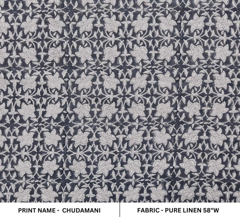 Artisan Handmade Block Print Grey Pure Linen fabric - Chudamani