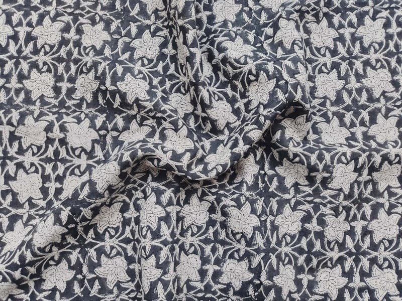 Artisan Handmade Block Print Grey Pure Linen fabric - Chudamani