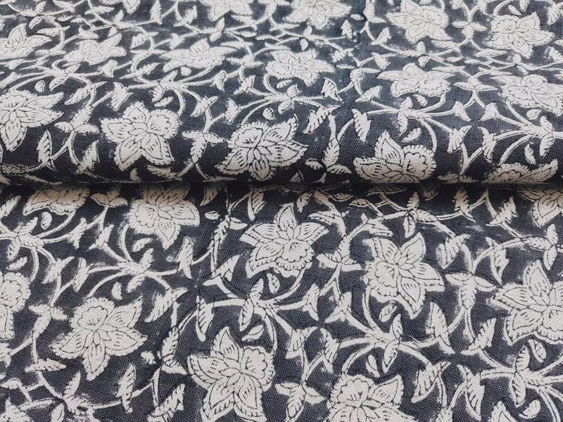Artisan Handmade Block Print Grey Pure Linen fabric - Chudamani
