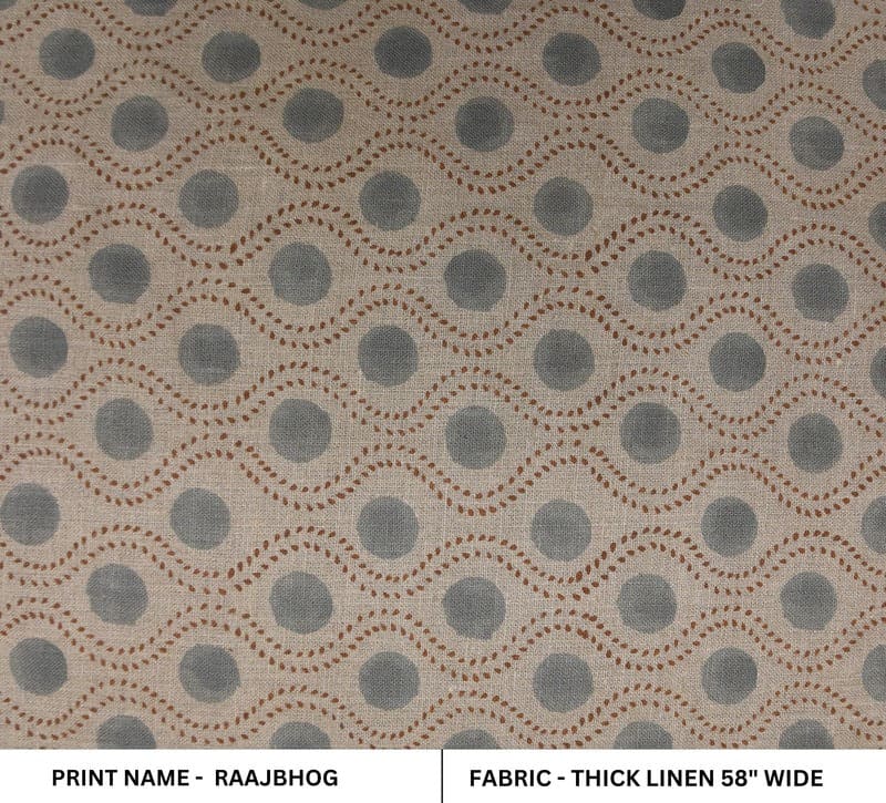 Handwoven Block Print Beige & Pastel Brown Thick Linen Fabric - Raajbhog