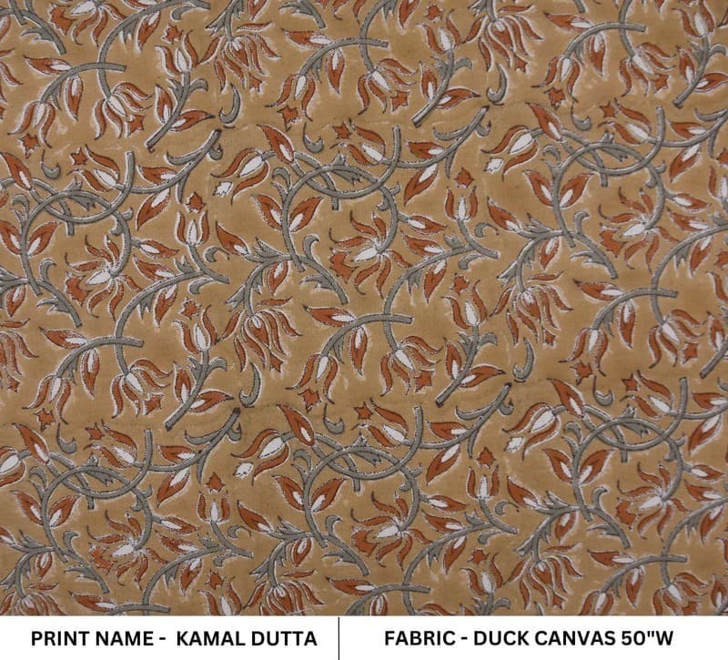 Artisan Block Print Bronze Floral Duck Canvas  Fabric - Kamal Dutta