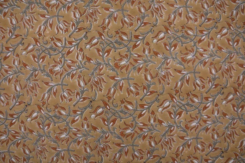 Artisan Block Print Bronze Floral Duck Canvas  Fabric - Kamal Dutta
