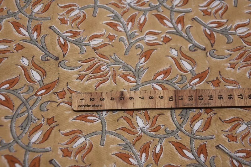 Artisan Block Print Bronze Floral Duck Canvas  Fabric - Kamal Dutta