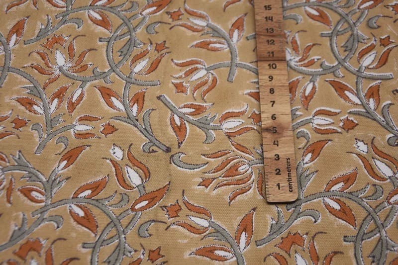 Artisan Block Print Bronze Floral Duck Canvas  Fabric - Kamal Dutta