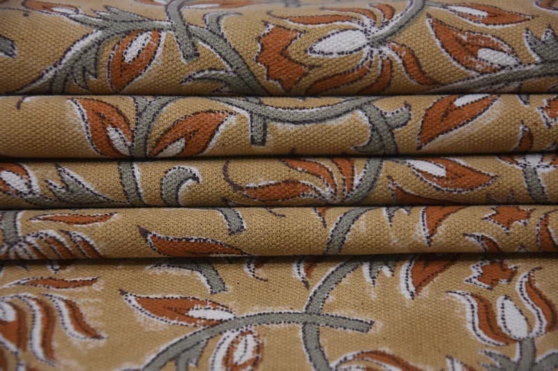 Artisan Block Print Bronze Floral Duck Canvas  Fabric - Kamal Dutta