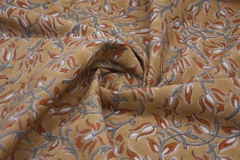 Artisan Block Print Bronze Floral Duck Canvas  Fabric - Kamal Dutta