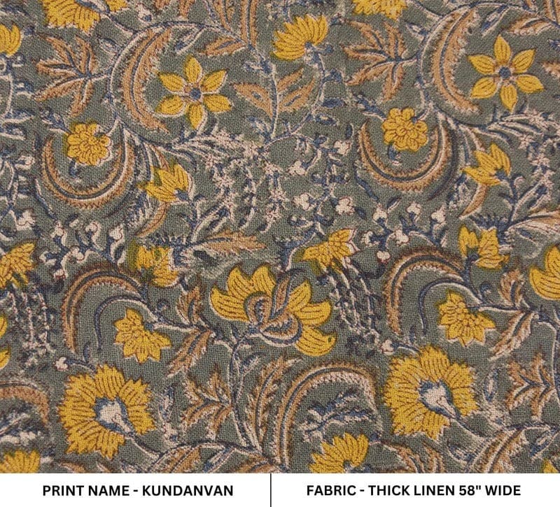 Artisan Hand Block Print Mustard Thick Linen Fabric - Kundanvan