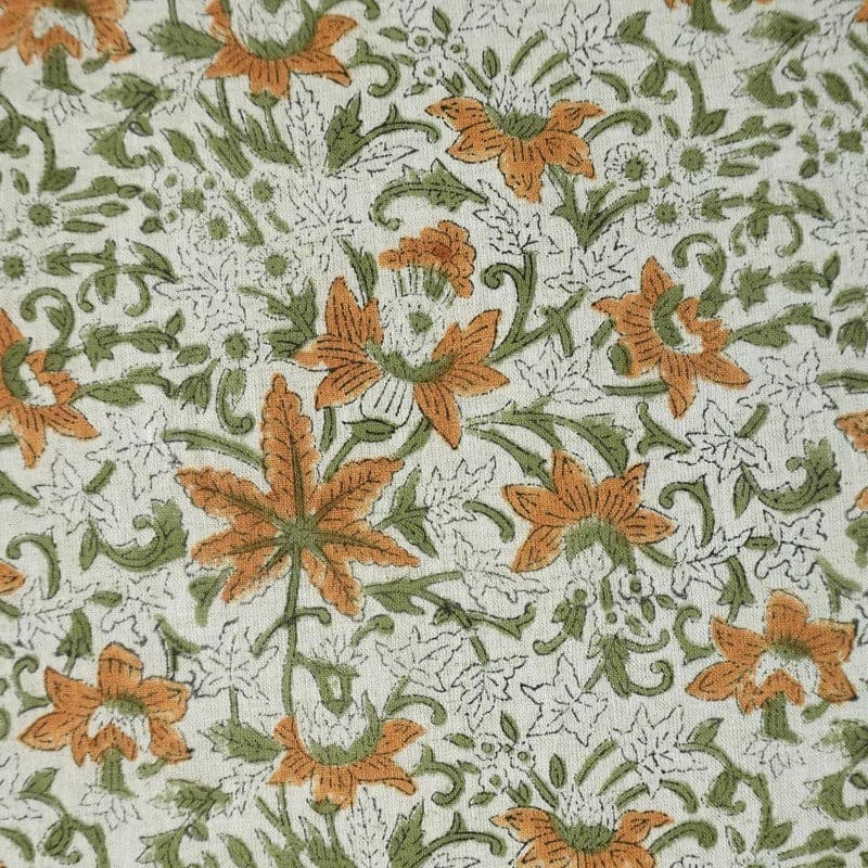Hand Block Print Orange & Green Linen Fabric for Cushion – Sapt Rishi