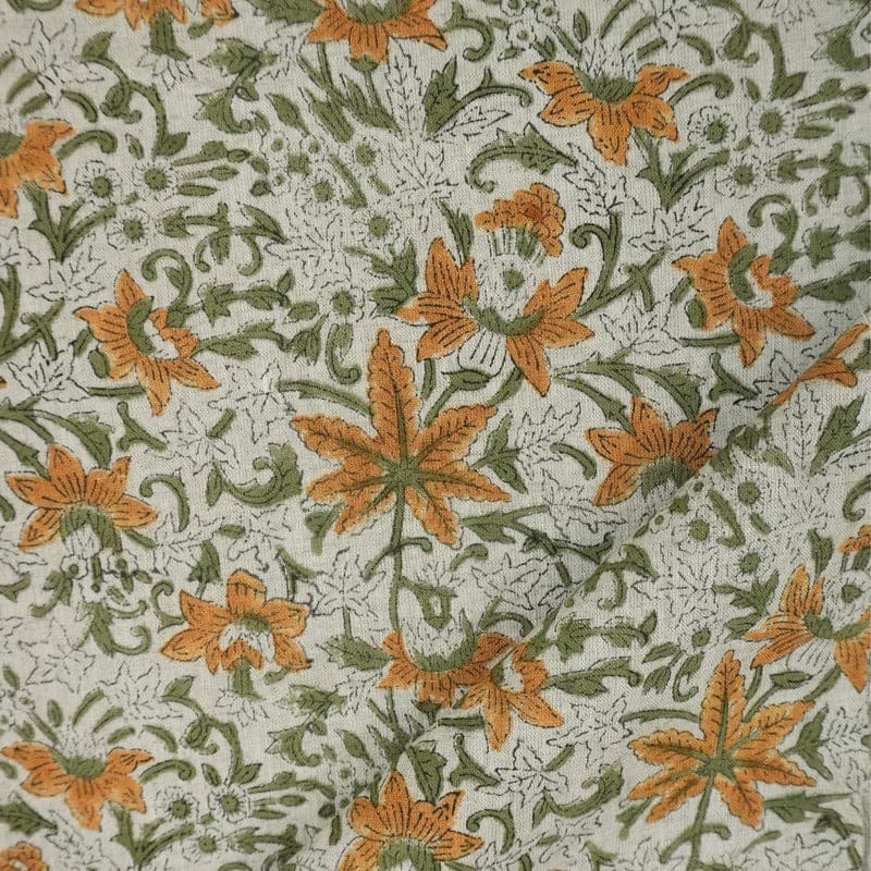 Hand Block Print Orange & Green Linen Fabric for Cushion – Sapt Rishi