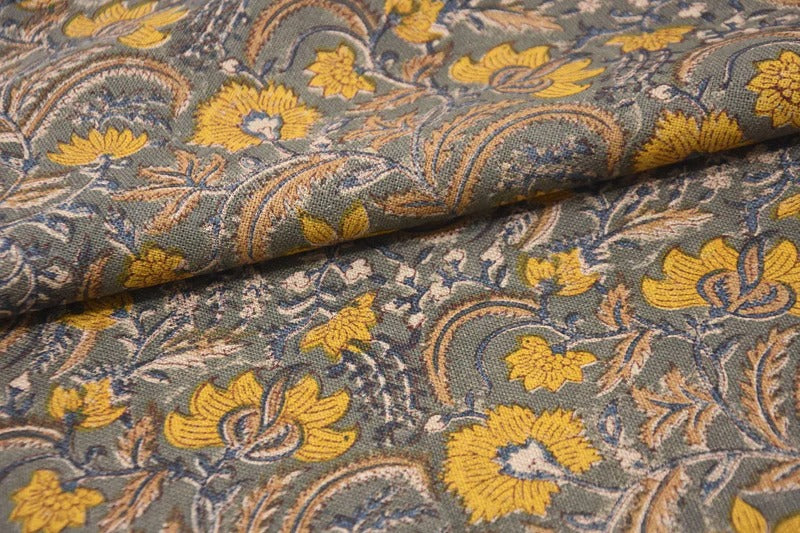Artisan Hand Block Print Mustard Linen Fabric - Kundanvan