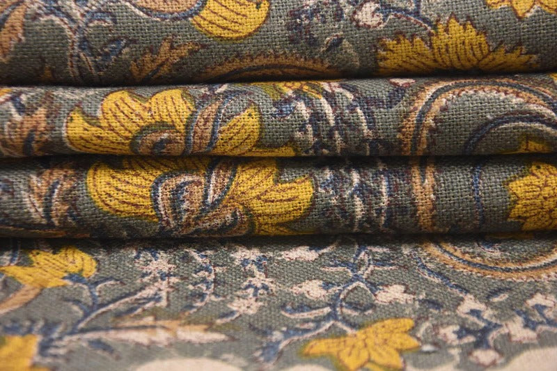 Artisan Hand Block Print Mustard Linen Fabric - Kundanvan