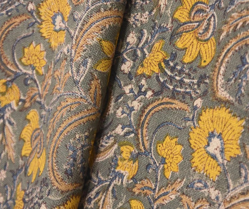 Artisan Hand Block Print Mustard Linen Fabric - Kundanvan