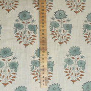 Artisanal Hand Block Print Beige Floral Pure Linen Fabric - Mayra
