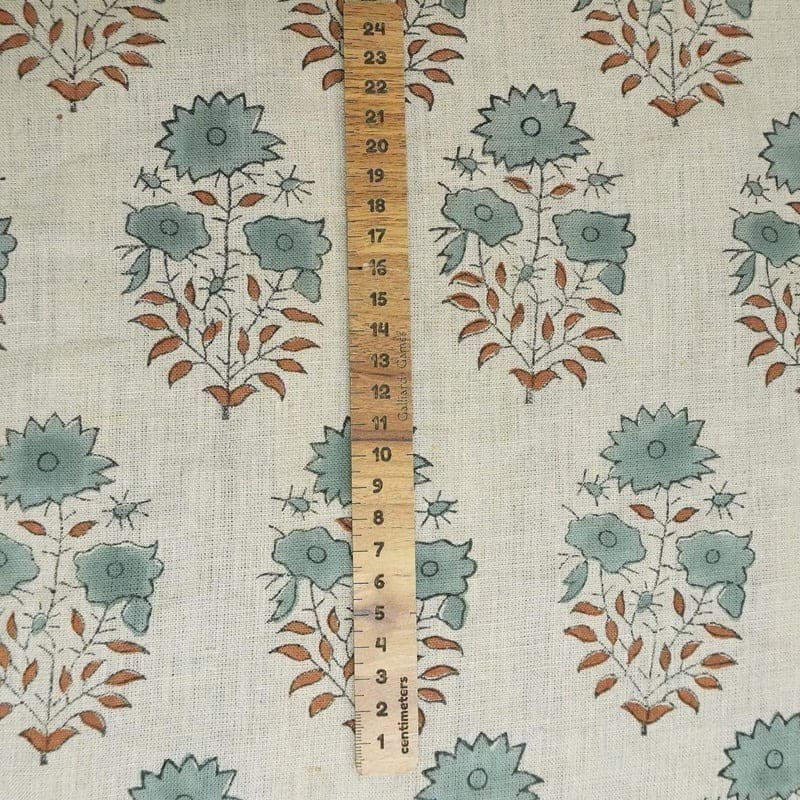 Artisanal Hand Block Print Beige Floral Pure Linen Fabric - Mayra