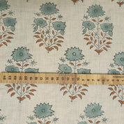 Artisanal Hand Block Print Beige Floral Pure Linen Fabric - Mayra