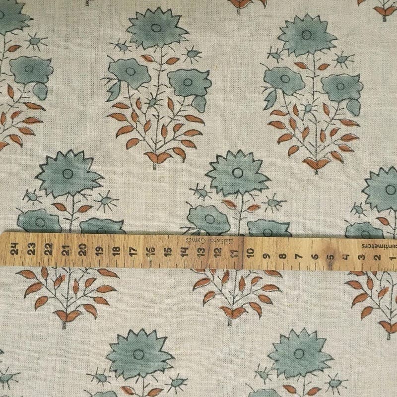 Artisanal Hand Block Print Beige Floral Pure Linen Fabric - Mayra