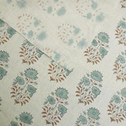 Artisanal Hand Block Print Beige Floral Pure Linen Fabric - Mayra