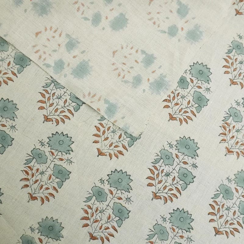 Artisanal Hand Block Print Beige Floral Pure Linen Fabric - Mayra