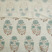 Artisanal Hand Block Print Beige Floral Pure Linen Fabric - Mayra