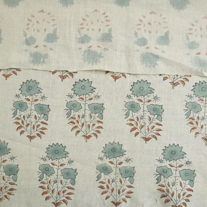 Artisanal Hand Block Print Beige Floral Pure Linen Fabric - Mayra