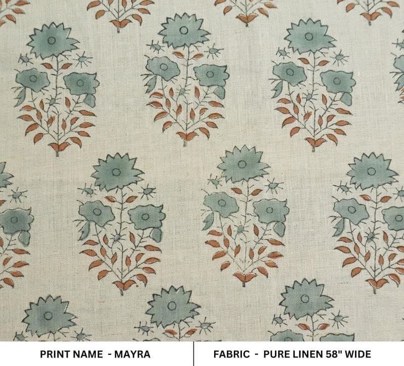 Artisanal Hand Block Print Beige Floral Pure Linen Fabric - Mayra