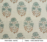 Artisanal Hand Block Print Beige Floral Pure Linen Fabric - Mayra