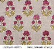Block Print Pink & Green Floral Pure Linen Fabric - Rishi
