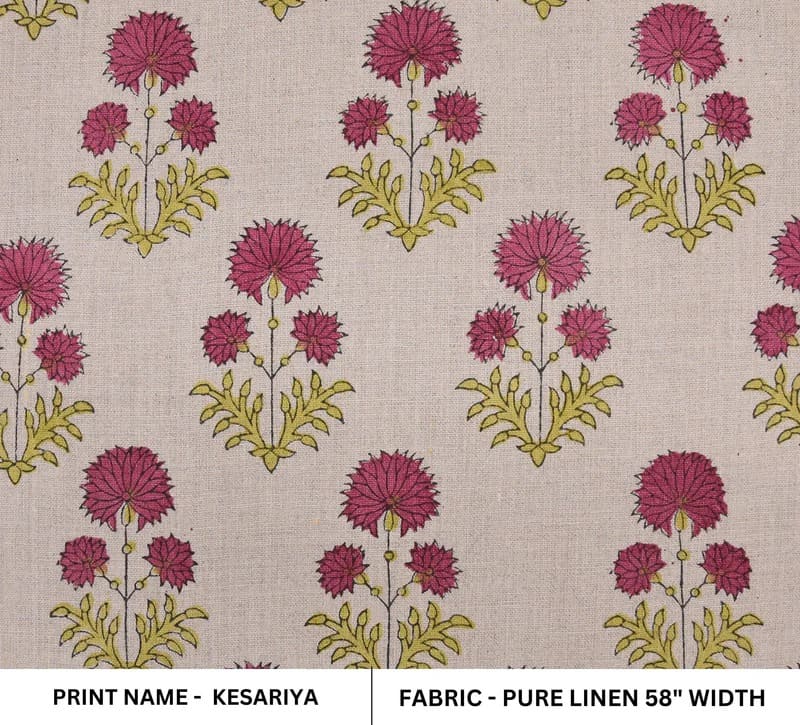 Block Print Pink & Green Floral Pure Linen Fabric - Rishi