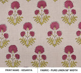 Block Print Pink & Green Floral Pure Linen Fabric - Rishi