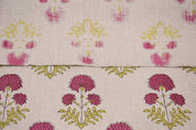 Block Print Pink & Green Floral Pure Linen Fabric - Rishi