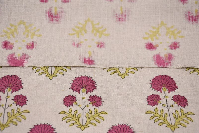 Block Print Pink & Green Floral Pure Linen Fabric - Rishi