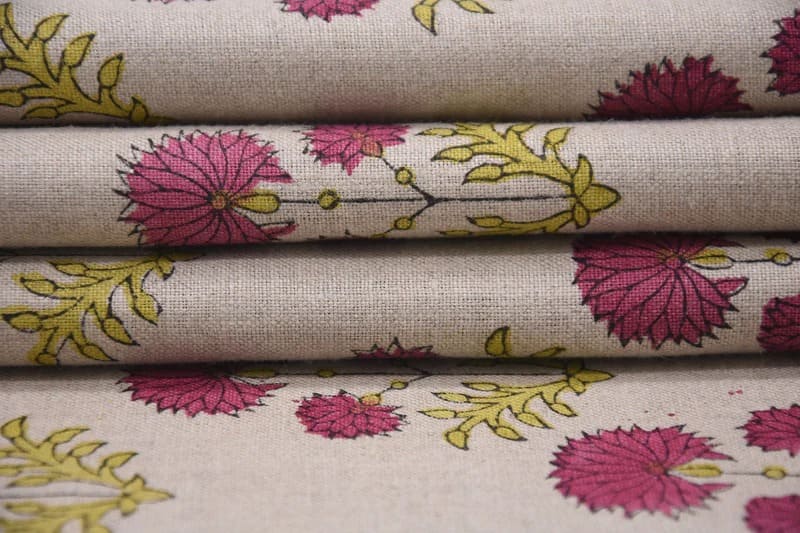 Block Print Pink & Green Floral Pure Linen Fabric - Rishi
