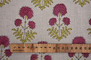 Block Print Pink & Green Floral Pure Linen Fabric - Rishi