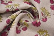 Block Print Pink & Green Floral Pure Linen Fabric - Rishi