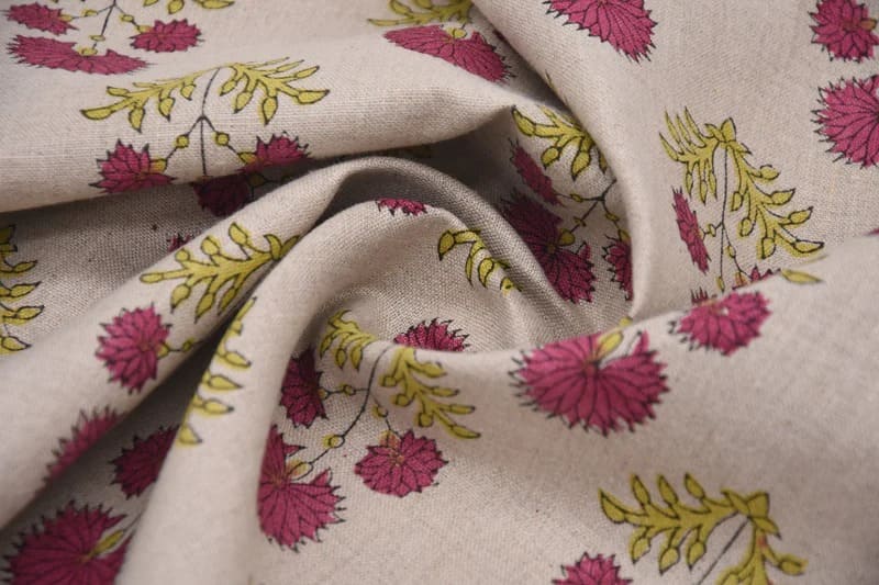 Block Print Pink & Green Floral Pure Linen Fabric - Rishi