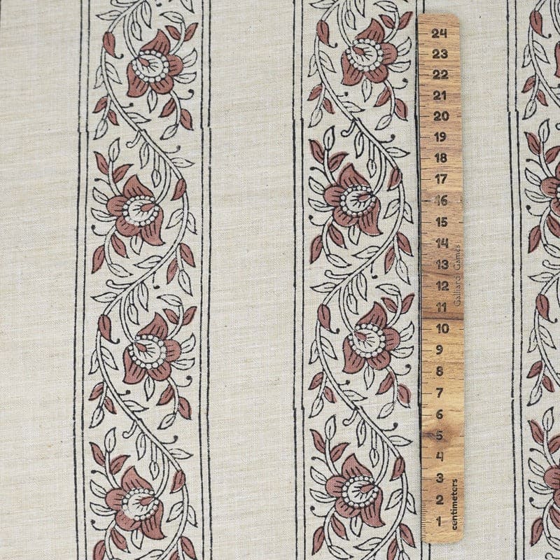 Artisanal Block Print Floral Linen Blend Fabric - Baghbuta Border