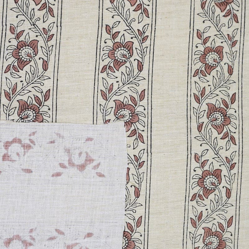 Artisanal Block Print Floral Linen Blend Fabric - Baghbuta Border