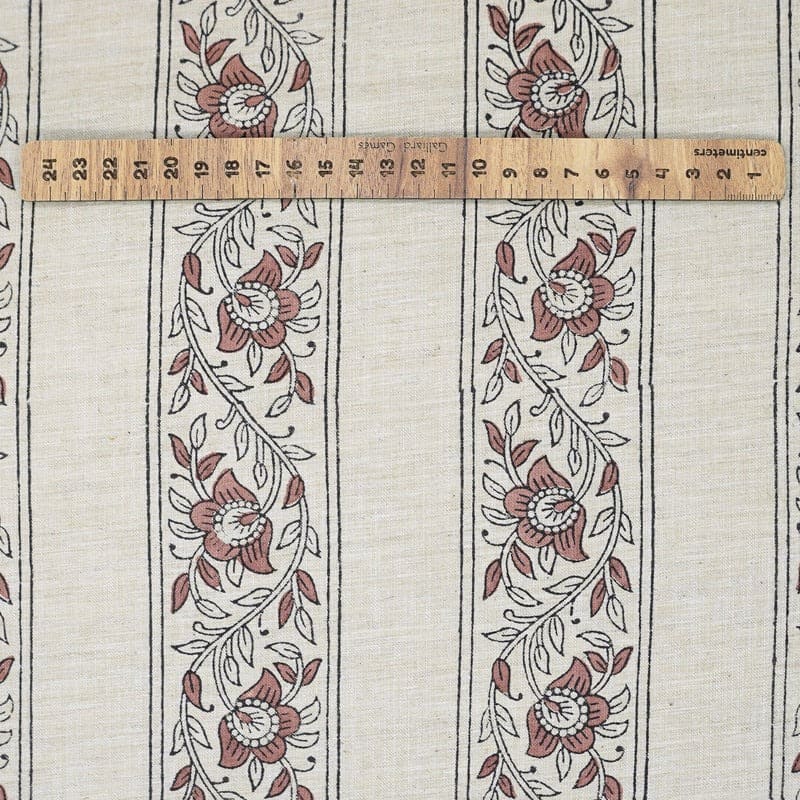 Artisanal Block Print Floral Linen Blend Fabric - Baghbuta Border