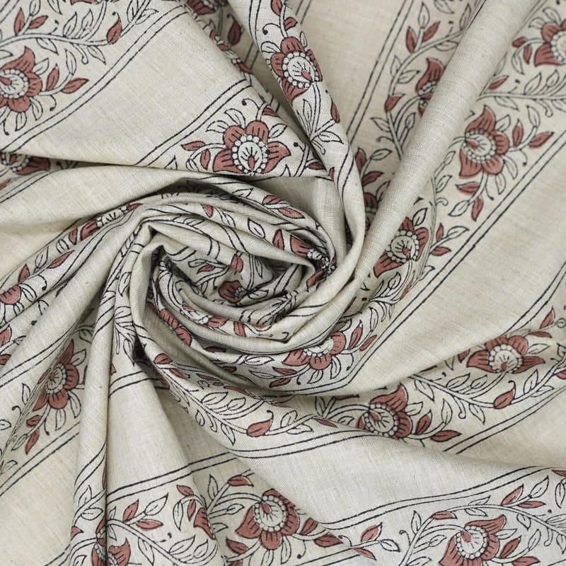 Artisanal Block Print Floral Linen Blend Fabric - Baghbuta Border